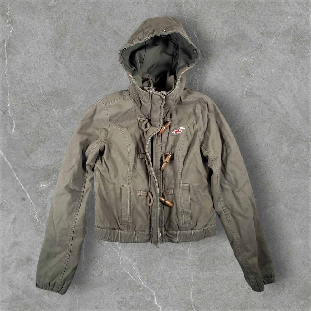 Hollister Duffle Jacket Womens Small Olive Green Hooded Sherpa Lined Toggle Y2K